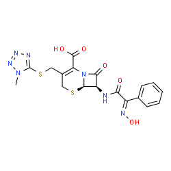 ChemSpider 2D Image | (6R,7R)-7-{[(2E)-2-(Hydroxyimino)-2-phenylacetyl]amino}-3-{[(1-methyl-1H-tetrazol-5-yl)sulfanyl]methyl}-8-oxo-5-thia-1-azabicyclo[4.2.0]oct-2-ene-2-carboxylic acid | C18H17N7O5S2