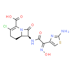 ChemSpider 2D Image | (6R,7S)-7-{[(2E)-2-(2-Amino-1,3-thiazol-4-yl)-2-(hydroxyimino)acetyl]amino}-3-chloro-8-oxo-1-azabicyclo[4.2.0]oct-2-ene-2-carboxylic acid | C13H12ClN5O5S