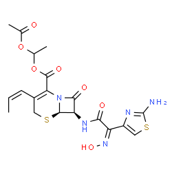 ChemSpider 2D Image | 1-Acetoxyethyl (6R,7R)-7-{[(2Z)-2-(2-amino-1,3-thiazol-4-yl)-2-(hydroxyimino)acetyl]amino}-8-oxo-3-[(1Z)-1-propen-1-yl]-5-thia-1-azabicyclo[4.2.0]oct-2-ene-2-carboxylate | C19H21N5O7S2
