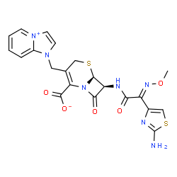 ChemSpider 2D Image | (6S,7S)-7-{[(2E)-2-(2-Amino-1,3-thiazol-4-yl)-2-(methoxyimino)acetyl]amino}-3-(1H-imidazo[1,2-a]pyridin-4-ium-1-ylmethyl)-8-oxo-5-thia-1-azabicyclo[4.2.0]oct-2-ene-2-carboxylate | C21H19N7O5S2