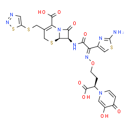 ChemSpider 2D Image | (6R,7R)-7-{[(2E)-2-(2-Amino-1,3-thiazol-4-yl)-2-{[(3S)-3-carboxy-3-(3-hydroxy-4-oxo-1(4H)-pyridinyl)propoxy]imino}acetyl]amino}-8-oxo-3-[(1,2,3-thiadiazol-5-ylsulfanyl)methyl]-5-thia-1-azabicyclo[4.2.
0]oct-2-ene-2-carboxylic acid | C24H22N8O9S4