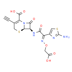 ChemSpider 2D Image | (6R,7R)-7-({(2E)-2-(2-Amino-1,3-thiazol-4-yl)-2-[(carboxymethoxy)imino]acetyl}amino)-3-ethynyl-8-oxo-5-thia-1-azabicyclo[4.2.0]oct-2-ene-2-carboxylic acid | C16H13N5O7S2