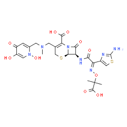 ChemSpider 2D Image | (6R,7R)-7-{[(2E)-2-(2-Amino-1,3-thiazol-4-yl)-2-{[(2-carboxy-2-propanyl)oxy]imino}acetyl]amino}-3-({[(1,5-dihydroxy-4-oxo-1,4-dihydro-2-pyridinyl)methyl](methyl)amino}methyl)-8-oxo-5-thia-1-azabicyclo
[4.2.0]oct-2-ene-2-carboxylic acid | C24H27N7O10S2