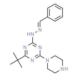ChemSpider 2D Image | 2-[(2E)-2-Benzylidenehydrazino]-4-(2-methyl-2-propanyl)-6-(1-piperazinyl)-1,3,5-triazine | C18H25N7