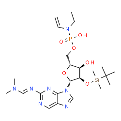 ChemSpider 2D Image | 2-{(E)-[(Dimethylamino)methylene]amino}-9-(2-O-[dimethyl(2-methyl-2-propanyl)silyl]-5-O-{[ethyl(vinyl)amino](hydroxy)phosphoryl}-beta-D-ribofuranosyl)-9H-purine | C23H40N7O6PSi