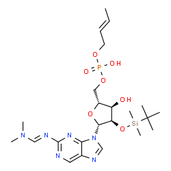 ChemSpider 2D Image | 9-(5-O-{[(2E)-2-Buten-1-yloxy](hydroxy)phosphoryl}-2-O-[dimethyl(2-methyl-2-propanyl)silyl]-beta-D-ribofuranosyl)-2-{(E)-[(dimethylamino)methylene]amino}-9H-purine | C23H39N6O7PSi
