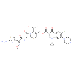 ChemSpider 2D Image | (6R,7R)-7-{[(2E)-2-(2-Amino-1,3-thiazol-4-yl)-2-(methoxyimino)acetyl]amino}-3-[({[1-cyclopropyl-6-fluoro-4-oxo-7-(1-piperazinyl)-1,4-dihydro-3-quinolinyl]carbonyl}oxy)methyl]-8-oxo-5-thia-1-azabicyclo
[4.2.0]oct-2-ene-2-carboxylic acid | C31H31FN8O8S2