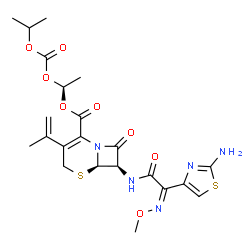 ChemSpider 2D Image | (1R)-1-[(Isopropoxycarbonyl)oxy]ethyl (6R,7R)-7-{[(2Z)-2-(2-amino-1,3-thiazol-4-yl)-2-(methoxyimino)acetyl]amino}-3-isopropenyl-8-oxo-5-thia-1-azabicyclo[4.2.0]oct-2-ene-2-carboxylate | C22H27N5O8S2