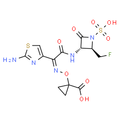 ChemSpider 2D Image | 1-({(Z)-[1-(2-Amino-1,3-thiazol-4-yl)-2-{[(2R,3S)-2-(fluoromethyl)-4-oxo-1-sulfo-3-azetidinyl]amino}-2-oxoethylidene]amino}oxy)cyclopropanecarboxylic acid | C13H14FN5O8S2