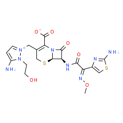 ChemSpider 2D Image | (6R,7R)-3-{[5-Amino-1-(2-hydroxyethyl)-1H-pyrazol-2-ium-2-yl]methyl}-7-{[(2E)-2-(2-amino-1,3-thiazol-4-yl)-2-(methoxyimino)acetyl]amino}-8-oxo-5-thia-1-azabicyclo[4.2.0]oct-2-ene-2-carboxylate | C19H22N8O6S2