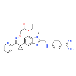 ChemSpider 2D Image | Ethyl {[(E)-{[1-(2-{[(4-carbamimidoylphenyl)amino]methyl}-1-methyl-1H-benzimidazol-5-yl)cyclopropyl](2-pyridinyl)methylene}amino]oxy}acetate | C29H31N7O3
