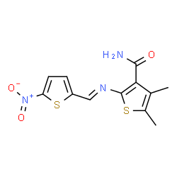 ChemSpider 2D Image | 2-[({5-nitro-2-thienyl}methylene)amino]-4,5-dimethyl-3-thiophenecarboxamide | C12H11N3O3S2