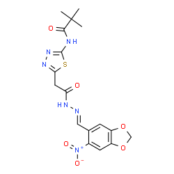 ChemSpider 2D Image | 2,2-Dimethyl-N-[5-(2-{(2E)-2-[(6-nitro-1,3-benzodioxol-5-yl)methylene]hydrazino}-2-oxoethyl)-1,3,4-thiadiazol-2-yl]propanamide | C17H18N6O6S