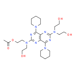 ChemSpider 2D Image | 2-[{6-[Bis(2-hydroxyethyl)amino]-4,8-di(1-piperidinyl)pyrimido[5,4-d]pyrimidin-2-yl}(2-hydroxyethyl)amino]ethyl acetate | C26H42N8O5