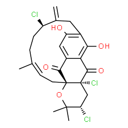 ChemSpider 2D Image | (1S,3Z,7R,16R,18S)-7,16,18-Trichloro-11,22-dihydroxy-4,19,19-trimethyl-8-methylene-20-oxatetracyclo[11.7.1.1~10,14~.0~1,16~]docosa-3,10(22),11,13-tetraene-15,21-dione | C25H27Cl3O5