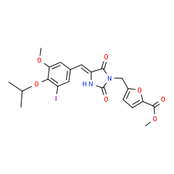 ChemSpider 2D Image | Methyl 5-{[(4Z)-4-(3-iodo-4-isopropoxy-5-methoxybenzylidene)-2,5-dioxo-1-imidazolidinyl]methyl}-2-furoate | C21H21IN2O7