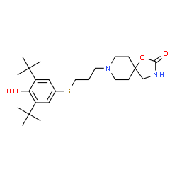 ChemSpider 2D Image | 8-(3-{[4-Hydroxy-3,5-bis(2-methyl-2-propanyl)phenyl]sulfanyl}propyl)-1-oxa-3,8-diazaspiro[4.5]decan-2-one | C24H38N2O3S
