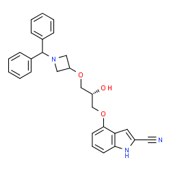ChemSpider 2D Image | 4-[(2S)-3-{[1-(Diphenylmethyl)-3-azetidinyl]oxy}-2-hydroxypropoxy]-1H-indole-2-carbonitrile | C28H27N3O3