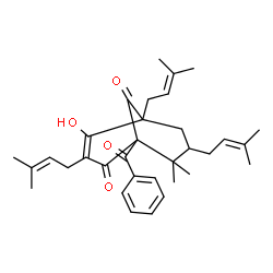 ChemSpider 2D Image | 1-Benzoyl-4-hydroxy-8,8-dimethyl-3,5,7-tris(3-methyl-2-buten-1-yl)bicyclo[3.3.1]non-3-ene-2,9-dione | C33H42O4