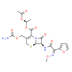ChemSpider 2D Image | (1S)-1-Acetoxyethyl (6R,7R)-3-[(carbamoyloxy)methyl]-7-{[(2Z)-2-(2-furyl)-2-(methoxyimino)acetyl]amino}-8-oxo-5-thia-1-azabicyclo[4.2.0]oct-2-ene-2-carboxylate | C20H22N4O10S