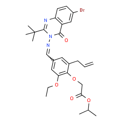 ChemSpider 2D Image | Isopropyl [2-allyl-4-({[6-bromo-2-(2-methyl-2-propanyl)-4-oxo-3(4H)-quinazolinyl]imino}methyl)-6-ethoxyphenoxy]acetate | C29H34BrN3O5