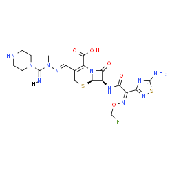 ChemSpider 2D Image | (6R,7R)-7-({(2Z)-2-(5-Amino-1,2,4-thiadiazol-3-yl)-2-[(fluoromethoxy)imino]acetyl}amino)-3-[(E)-{[(E)-imino(1-piperazinyl)methyl](methyl)hydrazono}methyl]-8-oxo-5-thia-1-azabicyclo[4.2.0]oct-2-ene-2-c
arboxylic acid | C19H24FN11O5S2