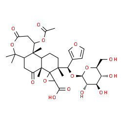 ChemSpider 2D Image | (7aR,9R,11bR)-1-Acetoxy-9-[(R)-3-furyl(beta-L-glucopyranosyloxy)methyl]-5,5,7a,9,11b-pentamethyl-3,7-dioxododecahydro-5H-spiro[naphtho[2,1-c]oxepine-8,2'-oxirane]-3'-carboxylic acid | C34H46O15