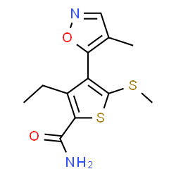 ChemSpider 2D Image | 3-Ethyl-4-(4-methyl-1,2-oxazol-5-yl)-5-(methylsulfanyl)-2-thiophenecarboxamide | C12H14N2O2S2
