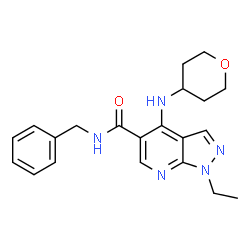 ChemSpider 2D Image | N-Benzyl-1-ethyl-4-(tetrahydro-2H-pyran-4-ylamino)-1H-pyrazolo[3,4-b]pyridine-5-carboxamide | C21H25N5O2