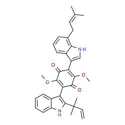 ChemSpider 2D Image | 2,5-Dimethoxy-3-[2-(2-methyl-3-buten-2-yl)-1H-indol-3-yl]-6-[7-(3-methyl-2-buten-1-yl)-1H-indol-3-yl]-1,4-benzoquinone | C34H34N2O4