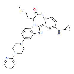 ChemSpider 2D Image | 2-(Cyclopropylamino)-7-[2-(methylsulfanyl)ethyl]-11-[4-(2-pyridinyl)-1-piperazinyl]-7H-benzimidazo[1,2-d][1,4]benzodiazepin-6(13H)-one | C30H33N7OS