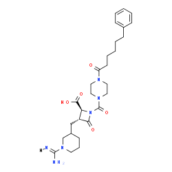 ChemSpider 2D Image | (2S,3R)-3-[(1-Carbamimidoyl-3-piperidinyl)methyl]-4-oxo-1-{[4-(6-phenylhexanoyl)-1-piperazinyl]carbonyl}-2-azetidinecarboxylic acid | C28H40N6O5