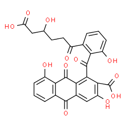ChemSpider 2D Image | 1-[2-(5-Carboxy-4-hydroxypentanoyl)-6-hydroxybenzoyl]-3,8-dihydroxy-9,10-dioxo-9,10-dihydro-2-anthracenecarboxylic acid | C28H20O12