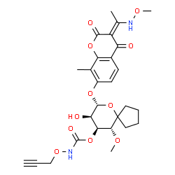 ChemSpider 2D Image | (7R,8R,9S,10R)-8-Hydroxy-10-methoxy-7-({(3E)-3-[1-(methoxyamino)ethylidene]-8-methyl-2,4-dioxo-3,4-dihydro-2H-chromen-7-yl}oxy)-6-oxaspiro[4.5]dec-9-yl (2-propyn-1-yloxy)carbamate | C27H32N2O11