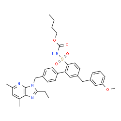 ChemSpider 2D Image | Butyl ({4'-[(2-ethyl-5,7-dimethyl-3H-imidazo[4,5-b]pyridin-3-yl)methyl]-5-(3-methoxybenzyl)-2-biphenylyl}sulfonyl)carbamate | C36H40N4O5S