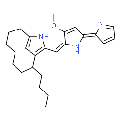 ChemSpider 2D Image | 2-Butyl-11-{(E)-[(5E)-3-methoxy-5-(2H-pyrrol-2-ylidene)-1,5-dihydro-2H-pyrrol-2-ylidene]methyl}-10-azabicyclo[7.2.1]dodeca-1(11),9(12)-diene | C25H33N3O