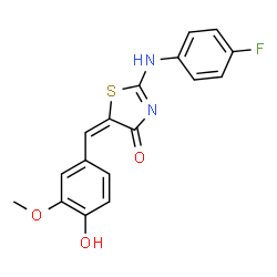 ChemSpider 2D Image | (5E)-2-[(4-Fluorophenyl)amino]-5-(4-hydroxy-3-methoxybenzylidene)-1,3-thiazol-4(5H)-one | C17H13FN2O3S