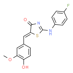 ChemSpider 2D Image | (5Z)-2-[(4-Fluorophenyl)amino]-5-(4-hydroxy-3-methoxybenzylidene)-1,3-thiazol-4(5H)-one | C17H13FN2O3S