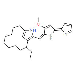 ChemSpider 2D Image | 2-Ethyl-13-{(E)-[(5Z)-3-methoxy-5-(2H-pyrrol-2-ylidene)-1,5-dihydro-2H-pyrrol-2-ylidene]methyl}-12-azabicyclo[9.2.1]tetradeca-1(13),11(14)-diene | C25H33N3O