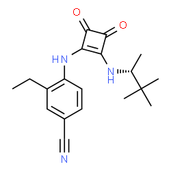ChemSpider 2D Image | 4-[(2-{[(2R)-3,3-Dimethyl-2-butanyl]amino}-3,4-dioxo-1-cyclobuten-1-yl)amino]-3-ethylbenzonitrile | C19H23N3O2