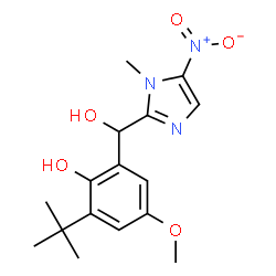 ChemSpider 2D Image | 2-[Hydroxy(1-methyl-5-nitro-1H-imidazol-2-yl)methyl]-4-methoxy-6-(2-methyl-2-propanyl)phenol | C16H21N3O5