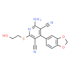 ChemSpider 2D Image | 2-Amino-4-(1,3-benzodioxol-5-yl)-6-[(2-hydroxyethyl)sulfanyl]-3,5-pyridinedicarbonitrile | C16H12N4O3S