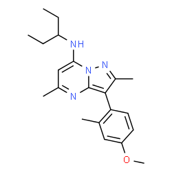 ChemSpider 2D Image | 3-(4-Methoxy-2-methylphenyl)-2,5-dimethyl-N-(3-pentanyl)pyrazolo[1,5-a]pyrimidin-7-amine | C21H28N4O