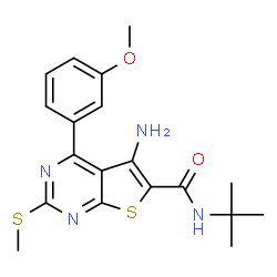 ChemSpider 2D Image | 5-amino-N-tert-butyl-4-(3-methoxyphenyl)-2-(methylthio)-6-thieno[2,3-d]pyrimidinecarboxamide | C19H22N4O2S2