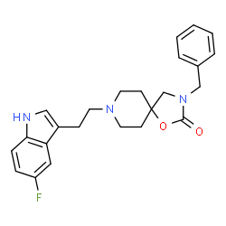 ChemSpider 2D Image | 3-benzyl-8-(2-(5-fluoro-1H-indol-3-yl)ethyl)-1-oxa-3,8-diazaspiro(4.5)decan-2-one | C24H26FN3O2