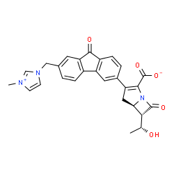 ChemSpider 2D Image | (5R,6S)-6-[(1R)-1-Hydroxyethyl]-3-{7-[(3-methyl-1H-imidazol-3-ium-1-yl)methyl]-9-oxo-9H-fluoren-3-yl}-7-oxo-1-azabicyclo[3.2.0]hept-2-ene-2-carboxylate | C27H23N3O5