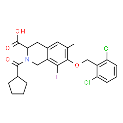 ChemSpider 2D Image | 2-(Cyclopentylcarbonyl)-7-[(2,6-dichlorobenzyl)oxy]-6,8-diiodo-1,2,3,4-tetrahydro-3-isoquinolinecarboxylic acid | C23H21Cl2I2NO4