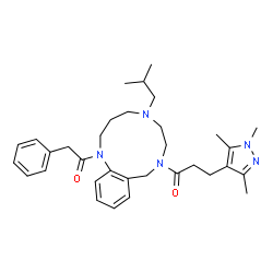 ChemSpider 2D Image | 1-[5-Isobutyl-1-(phenylacetyl)-1,2,3,4,5,6,7,9-octahydro-8H-1,5,8-benzotriazacycloundecin-8-yl]-3-(1,3,5-trimethyl-1H-pyrazol-4-yl)-1-propanone | C33H45N5O2