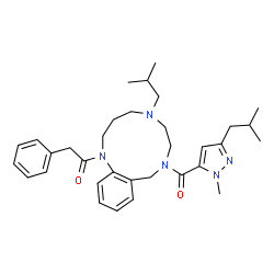 ChemSpider 2D Image | 1-{5-Isobutyl-8-[(3-isobutyl-1-methyl-1H-pyrazol-5-yl)carbonyl]-2,3,4,5,6,7,8,9-octahydro-1H-1,5,8-benzotriazacycloundecin-1-yl}-2-phenylethanone | C33H45N5O2
