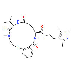 ChemSpider 2D Image | (6R,11S)-6-Isopropyl-4-methyl-5,8,13-trioxo-N-[2-(1,3,5-trimethyl-1H-pyrazol-4-yl)ethyl]-2,3,4,5,6,7,8,9,10,11,12,13-dodecahydro-1,4,7,12-benzoxatriazacyclopentadecine-11-carboxamide | C28H40N6O5